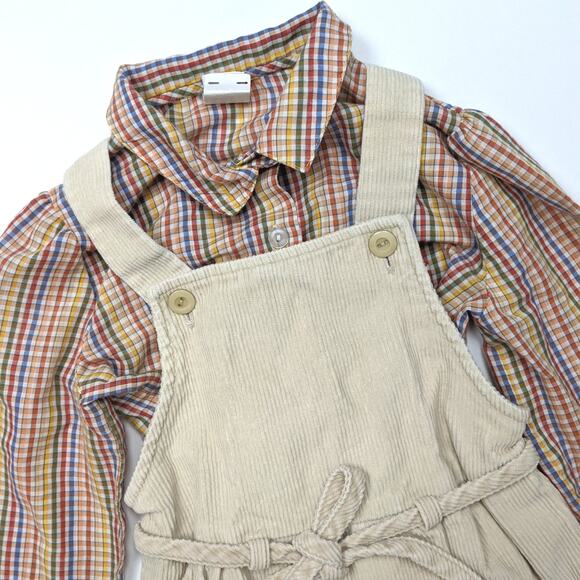 Vintage Alyssa Dress Girls Sz 4T Beige Corduroy Jumper Skirtall Outfit 80s Plaid - Picture 2 of 5